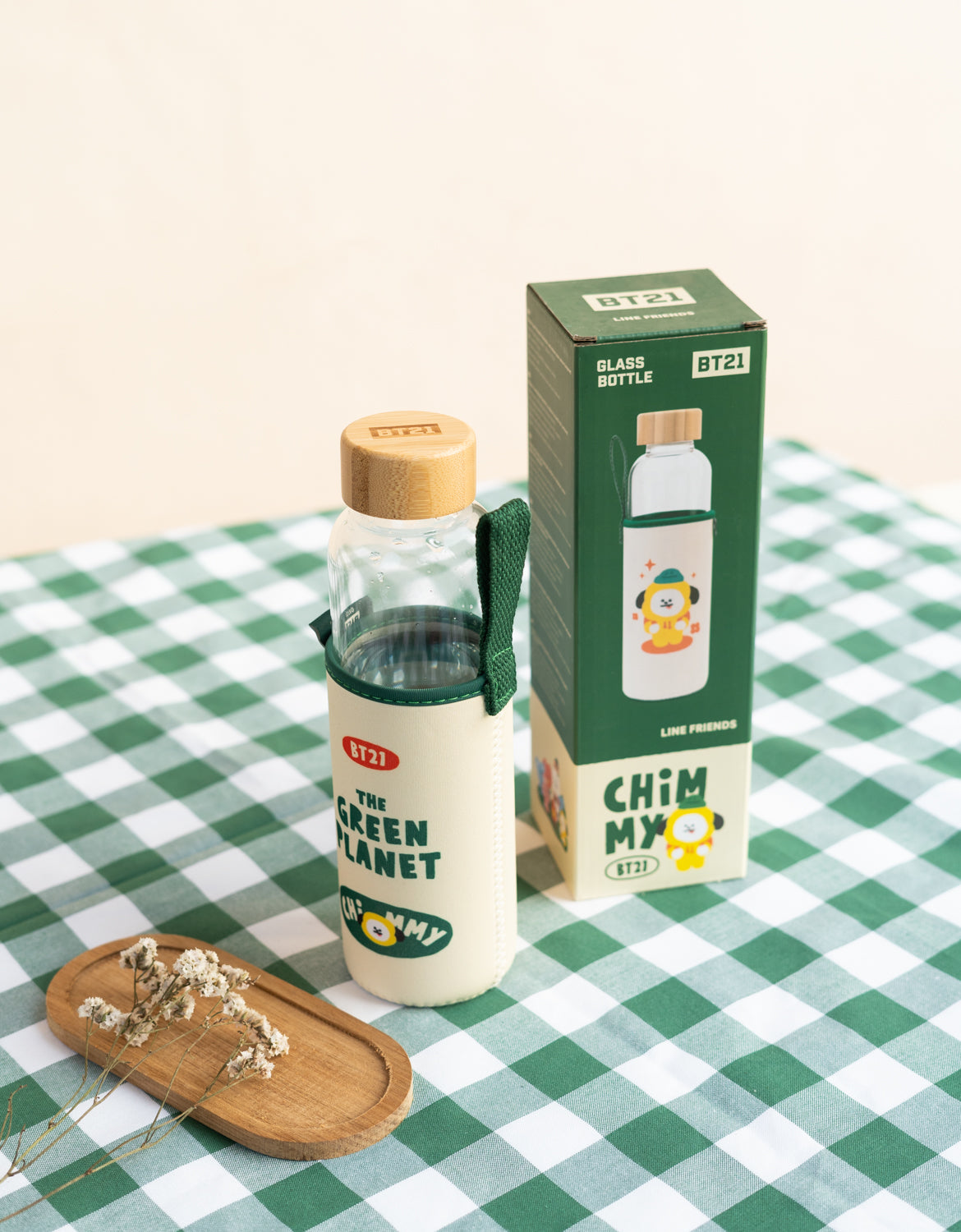 Garrafa BT21 CHIMMY Oficial – Vidro com Capa Protetora