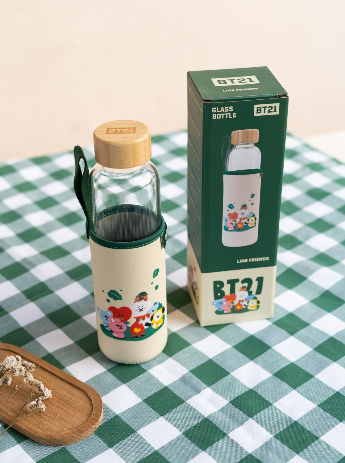 Garrafa BT21 Oficial – Personagens BT21 – Vidro com Capa Protetora